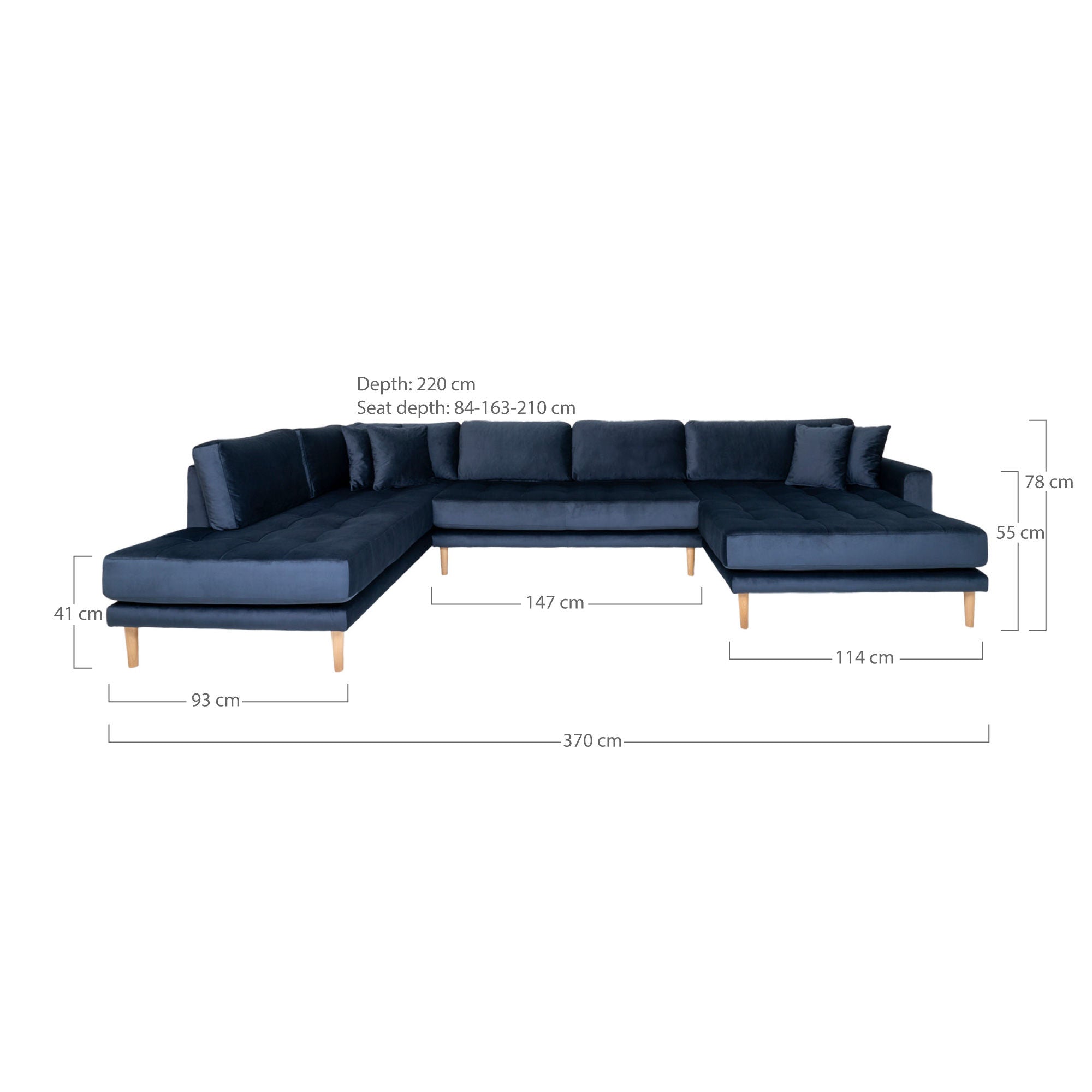 LIDO U-SOFA Open-U-SOFA-avoin pää, oikeanpuoleinen tummansininen veluuri neljä tyynyä ja luonnon puisia jalkoja, HN1005